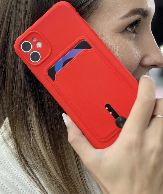 iPhone 13 Hoesjes – Siliconen Backcover – Push-Pull Pasjeshouder – Rood-Ilumina Benelux