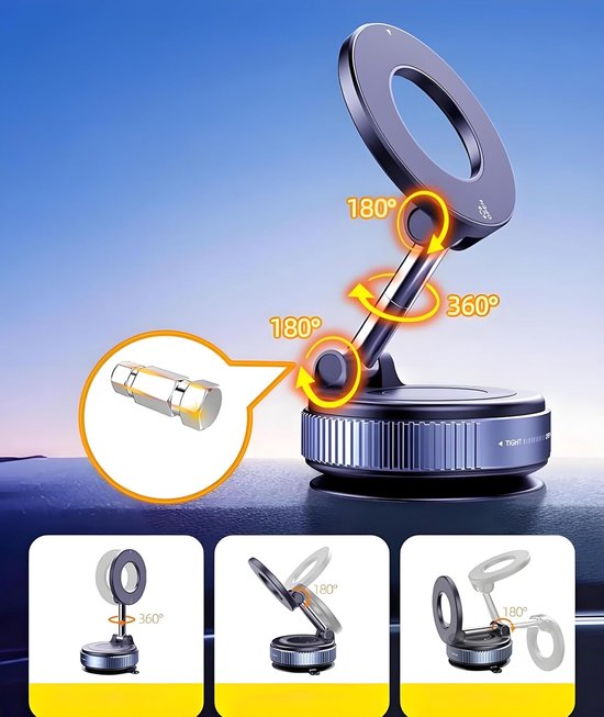 Telefoonhouder auto – Magnetisch vacuüm – 360° draaibaar & opvouwbaar – Geschikt voor iPhone 16/15/14/13 – Zwart-Ilumina Benelux