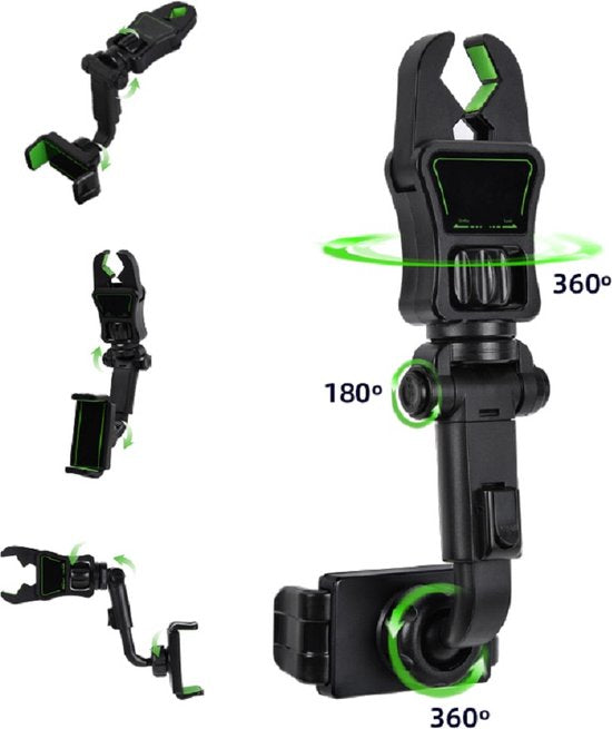 Telefoonhouder auto – Achteruitkijkspiegel & hoofdsteun montage – Verstelbaar – 360° draaibaar – Tot 6,9 inch – Zwart-Ilumina Benelux