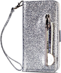 Sparkly Glitter Wallet Hoesje met Rits & Koord Geschikt voor: Samsung Galaxy S10E - Zilver