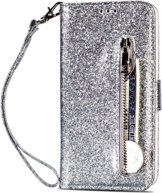 Sparkly Glitter Wallet Hoesje met Rits & Koord Geschikt voor: Samsung Galaxy S10 - Zilver