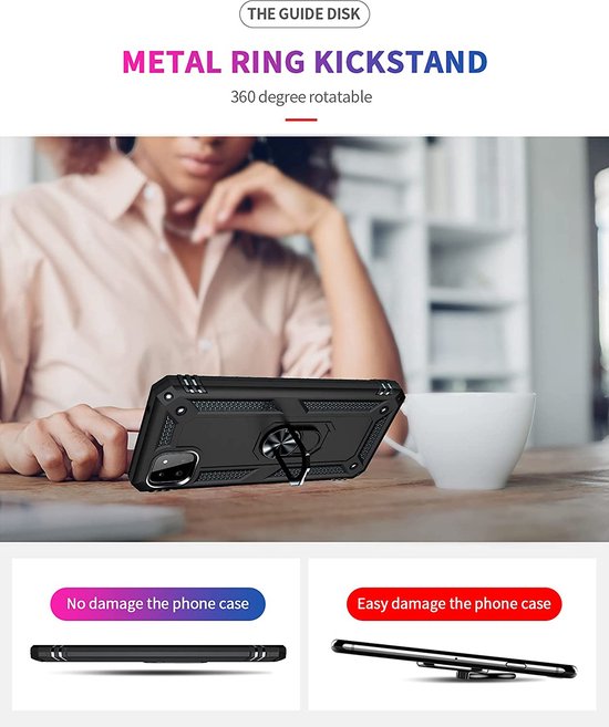 Samsung Galaxy A22 5G Hoesjes – Ring Armor Backcover – 360° Draaibare Standaard – Magneet – Zwart-Ilumina Benelux