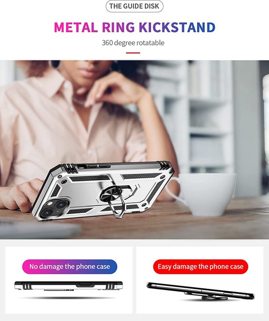 iPhone 14 Plus Hoesjes – Ring Armor Backcover – Kickstand Ring – Magneet – Zilver-Ilumina Benelux