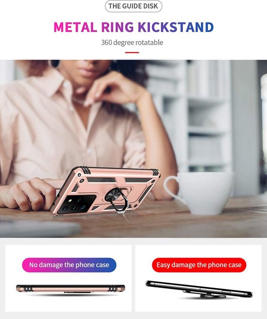 Samsung Galaxy S21 Ultra Hoesjes – Ring Armor Backcover – 360° Draaibare Standaard – Magneet – Roségoud-Ilumina Benelux