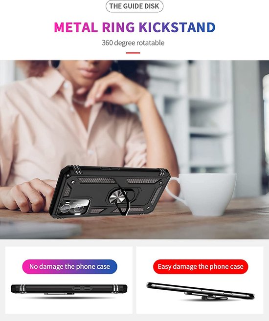 Oppo A76 Hoesjes – Anti-Shock Hybride Ring Armor Backcover – Schokbestendig – Zwart-Ilumina Benelux