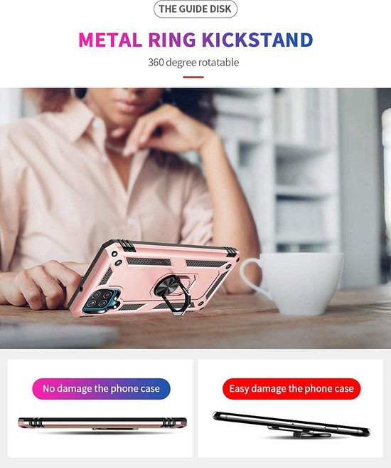 Samsung Galaxy A22 4G Hoesjes – Ring Armor Backcover – 360° Draaibare Standaard – Magneet – Roségoud