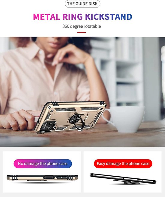 Samsung Galaxy A22 4G Hoesjes – Ring Armor Backcover – 360° Draaibare Standaard – Magneet – Goud