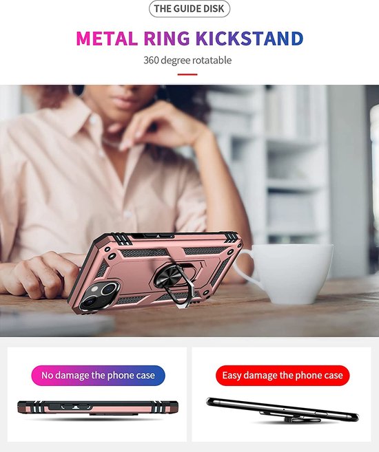 iPhone 13 Hoesjes – Anti-Shock Hybride Ring Armor Backcover – Schokbestendig – Roségoud-Ilumina Benelux
