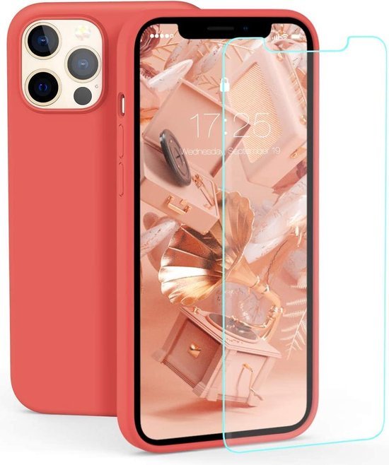 iPhone 12 Pro Hoesjes – Soft Touch Liquid Silicone TPU Backcover – Flexibel – Inclusief Screenprotector – Rood-Ilumina Benelux