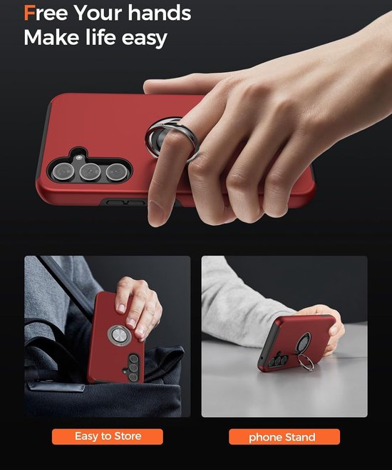 Samsung Galaxy A25 Hoesjes – Hardcase Backcover met Vingerring – Anti-drop Schokbestendig – Rood