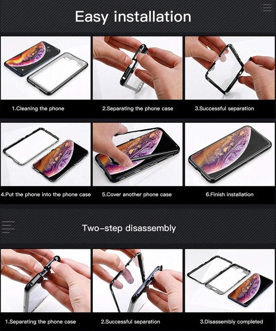 Samsung Galaxy A12 Hoesjes – Magnetische 360° Bescherming – Metalen Frame – Gehard Glas Achterkant – Transparant/Zwart