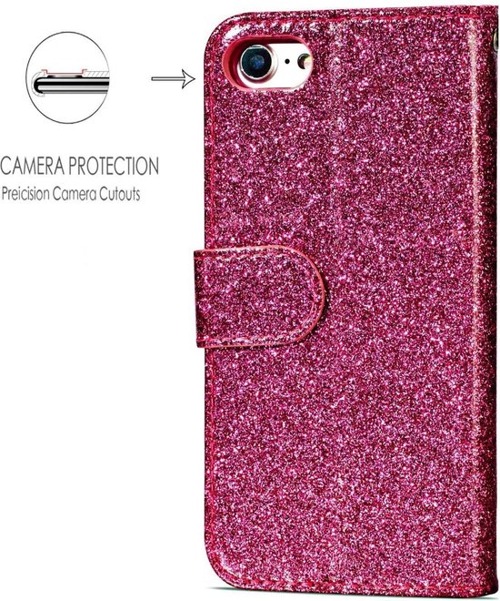 iPhone SE 2020/2022/7/8 Hoesjes – Glitter Portemonnee Case – Rits – Koord & Pasjeshouder – Roze-Ilumina Benelux