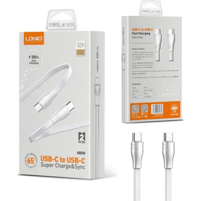 LDNIO LC132C USB-C naar USB-C Kabel – 2 Meter – 65W Fast Charge Flat Datakabel – Wit-Ilumina Benelux
