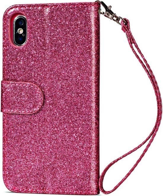 iPhone XR Hoesjes – Glitter Portemonnee Hoes – Rits & Koord – Roze-Ilumina Benelux