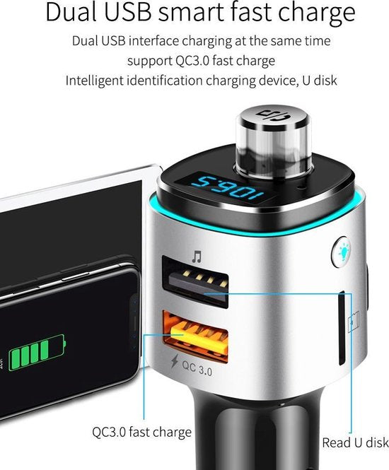 Bluetooth FM Transmitter Auto – Draadloze Carkit Handsfree – QC3.0 USB Snellader – MP3 Speler SD/USB – Zwart-Ilumina Benelux