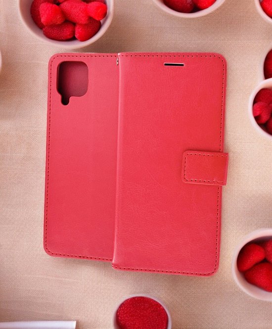 Samsung Galaxy A12 Hoesjes – Bookcase Portemonnee – Magneetsluiting – 1x Gehard Glas Screenprotector – Rood-Ilumina Benelux