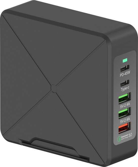 Oplader – 75W 5-poorts USB-C PD 45W & QC3.0 – Snelladen – Geschikt voor iPhone/iPad/Android-Oplader-Ilumina Benelux