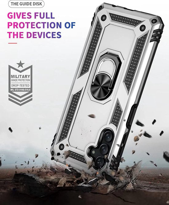 Samsung Galaxy A13 5G / A04s Hoesjes – Ring Armor Backcover – 360° Draaibare Standaard – Magneet – Zilver-Ilumina Benelux