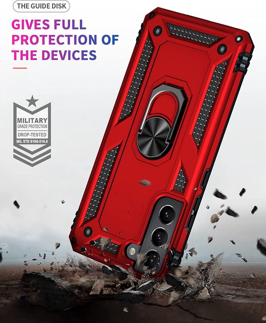 Samsung Galaxy S22 Hoesjes – Ring Armor Backcover – 360° Draaibare Standaard – Magneet – Rood-Ilumina Benelux