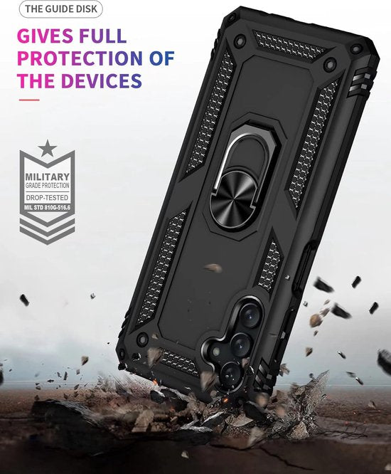 Anti-Shock Hybrid Ring Armor Hoesje Geschikt voor: Samsung Galaxy A25 4G & 5G - Zwart