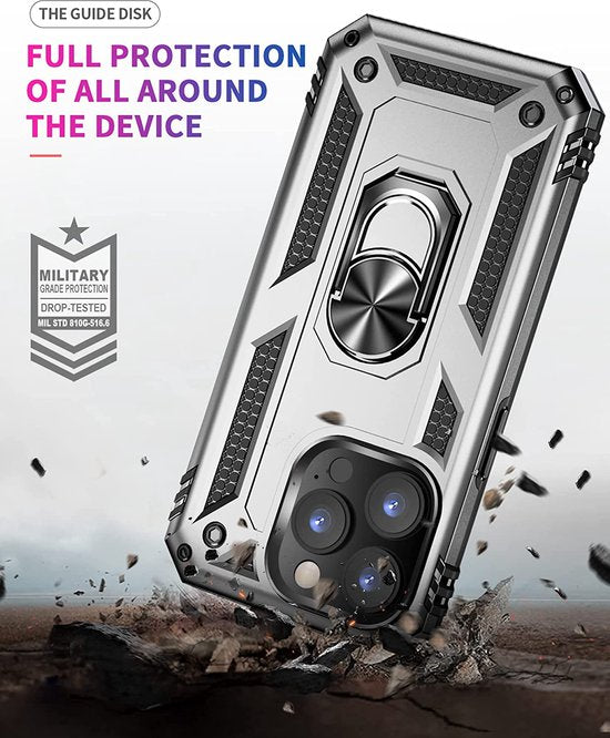 iPhone 14 Pro Max Hoesjes – Hybride Ring Armor Backcover – Schokbestendig – Anti-Shock – Zilver-Ilumina Benelux