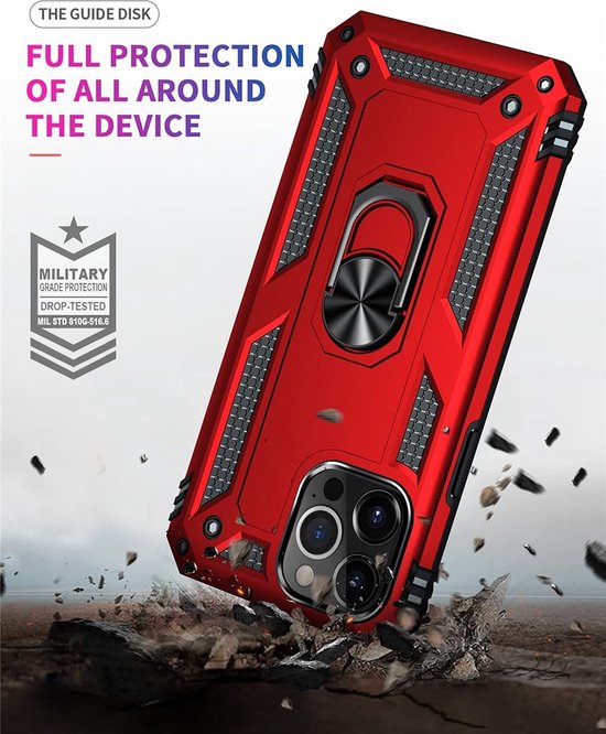 iPhone 14 Pro Hoesjes – Ring Armor Backcover – Kickstand Ring 360° Draaibaar – Magneet – Rood-Ilumina Benelux