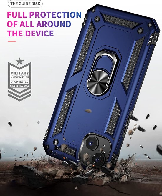 iPhone 14 Plus Hoesjes – Anti-Shock Hybride Backcover – Ringhouder – Armor Design – Blauw-Ilumina Benelux
