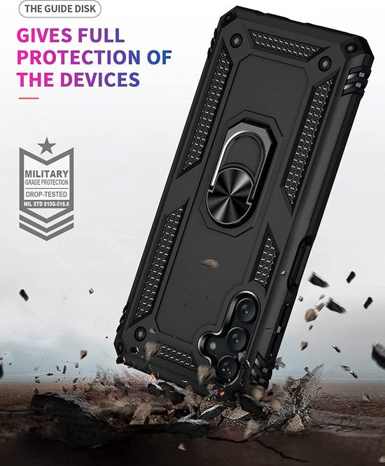 Samsung Galaxy A13 5G / A04s Hoesjes – Ring Armor Backcover – 360° Draaibare Standaard – Magneet – Zwart-Ilumina Benelux