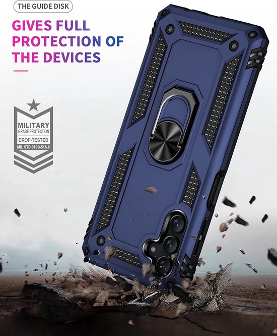 Samsung Galaxy A13 5G / A04s Hoesjes – Ring Armor Backcover – 360° Draaibare Standaard – Magneet – Blauw-Ilumina Benelux