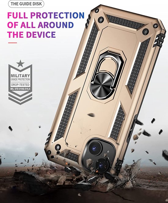 iPhone 14 Hoesjes – Anti-Shock Hybride Ring Armor Backcover – Schokbestendig – Goud-Ilumina Benelux