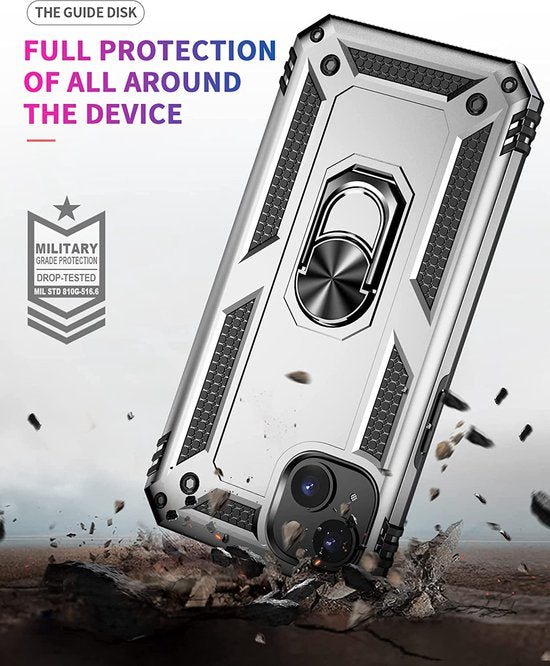 iPhone 14 Hoesjes – Ring Armor Backcover – 360° Draaibare Kickstand Ring – Magneet – Zilver-Ilumina Benelux