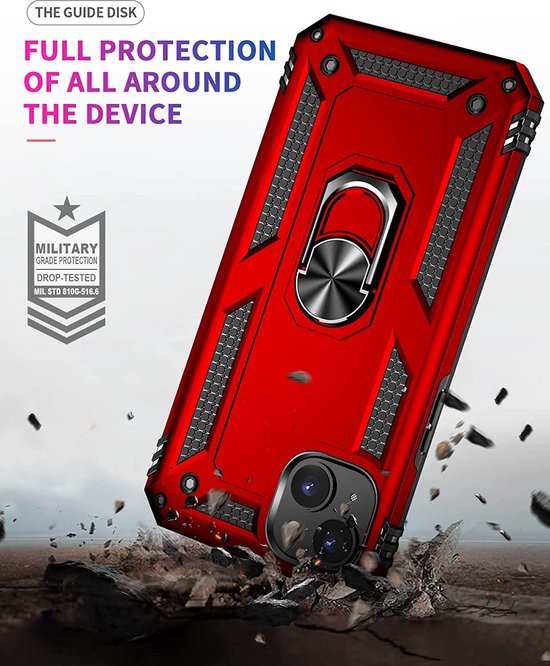 iPhone 14 Plus Hoesjes – Anti-Shock Hybride Backcover – Ringhouder – Armor Bescherming – Rood-Ilumina Benelux