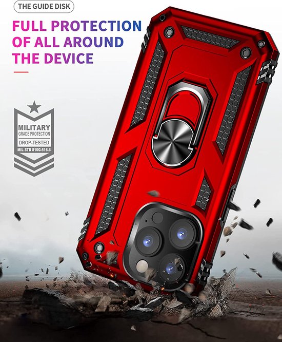 iPhone 14 Pro Max Hoesjes – Anti-Shock Hybride Ring Armor Backcover – Schokbestendig – Rood-Ilumina Benelux