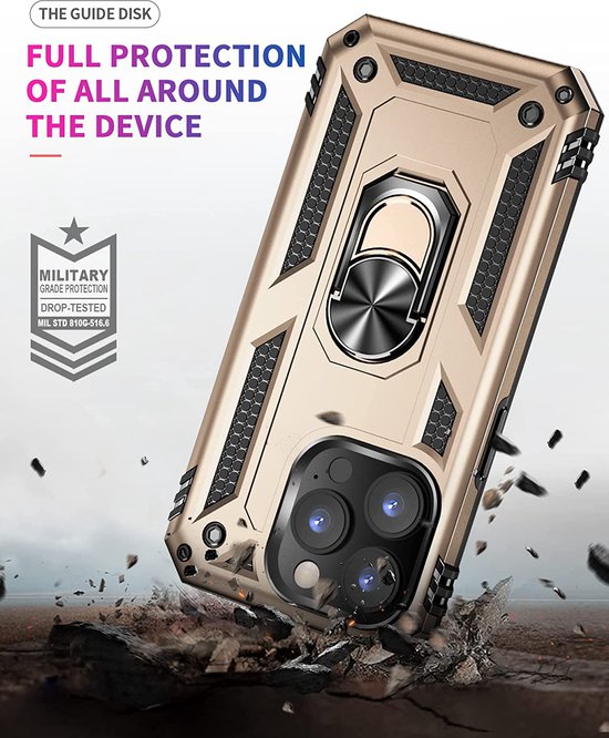 iPhone 14 Pro Max Hoesjes – Anti-Shock Hybride Ring Armor Backcover – Schokbestendig – Goud-Ilumina Benelux