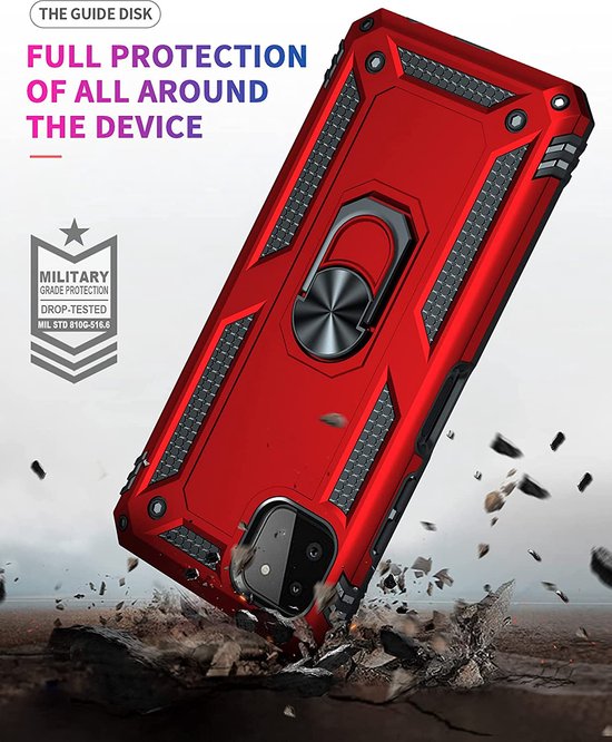 Samsung Galaxy A22 5G Hoesjes – Anti-Shock Hybride Backcover – Ringhouder – Armor Bescherming – Rood-Ilumina Benelux