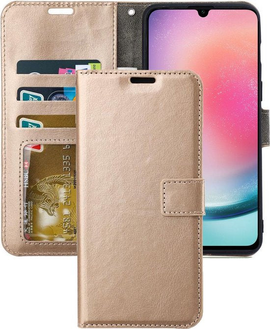 Samsung Galaxy A34 Hoesjes – Portemonnee Hoes – 2 Pack Screenprotector – Pasjeshouder – Goud-Ilumina Benelux