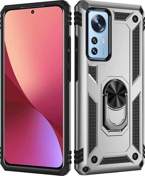 Xiaomi 12 / 12X Hoesjes – Ring Armor Backcover – Draaibare standaard – Magneet – Zilver-Ilumina Benelux