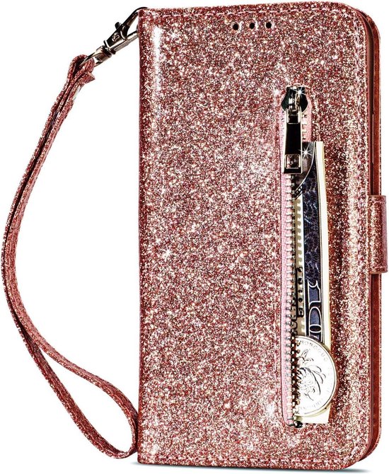 Sparkly Glitter Wallet Hoesje met Rits & Koord Geschikt voor: Samsung Galaxy S10E - Roségoud