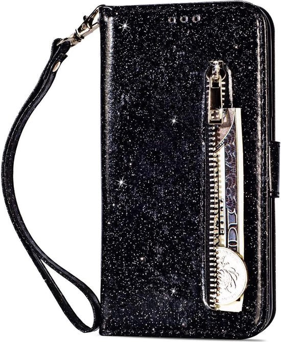 Samsung Galaxy S21 Plus Hoesjes – Glitter Portemonnee Case – Rits – Koord – Pasjeshouder – Zwart-Ilumina Benelux