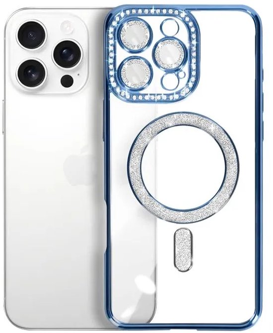 iPhone 16 Pro Max Hoesjes – MagSafe Glitter Backcover – Diamantjes – Glamour Design – Blauw-Ilumina Benelux
