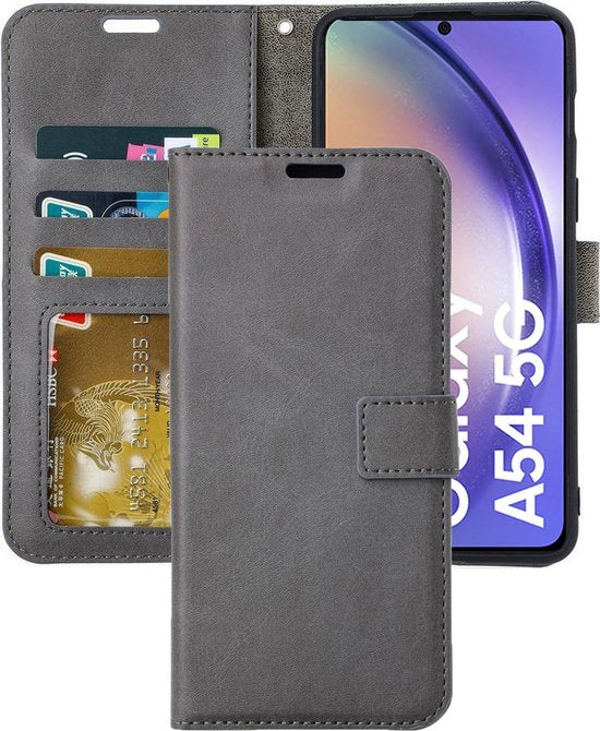 Samsung Galaxy A54 Hoesjes – Portemonnee Hoes – 2 Pack Screenprotector – Pasjeshouder – Grijs-Ilumina Benelux