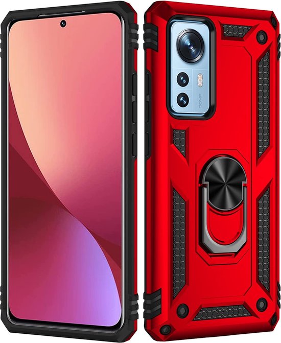 Xiaomi 12/12X Hoesjes – Ring Armor Backcover – 360° Draaibare Standaard – Magneet – Rood-Ilumina Benelux