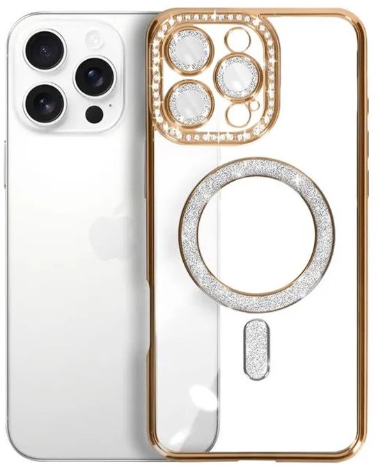 iPhone 16 Pro Hoesjes – MagSafe Glitter Backcover – Diamantjes – Glamour – Goud-Ilumina Benelux