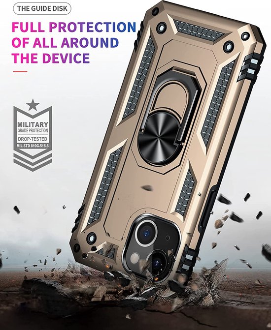 iPhone 13 Hoesjes – Ring Armor Backcover – 360° Draaibare Standaard – Magneet – Goud-Ilumina Benelux