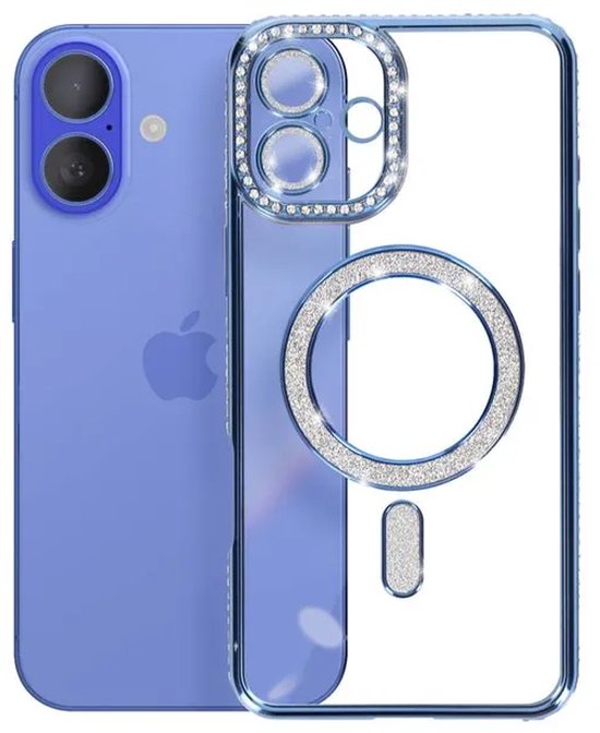 iPhone 16 Hoesjes – MagSafe Glitter Backcover – Diamantjes – Glamour Design – Blauw-Ilumina Benelux