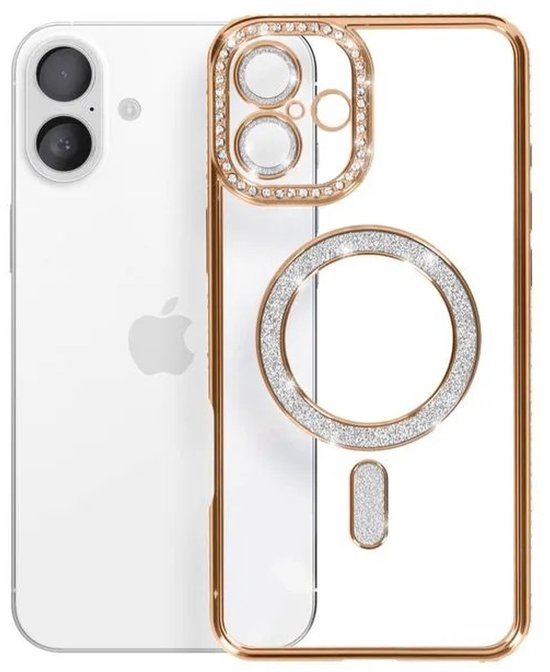 iPhone 16 Plus Hoesjes – MagSafe Glitter Backcover – Diamantjes – Glamour – Goud-Ilumina Benelux