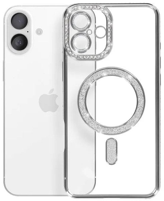 iPhone 16 Hoesjes – MagSafe Glitter Backcover – Diamantjes – Glamour – Zilver-Ilumina Benelux
