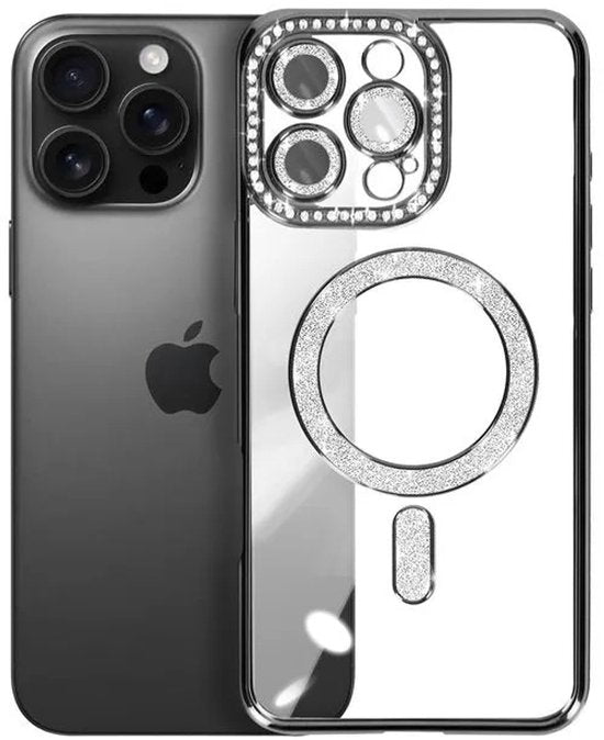 iPhone 16 Pro Max Hoesjes – MagSafe Glitter Backcover – Diamantjes – Glamour – Zwart-Ilumina Benelux
