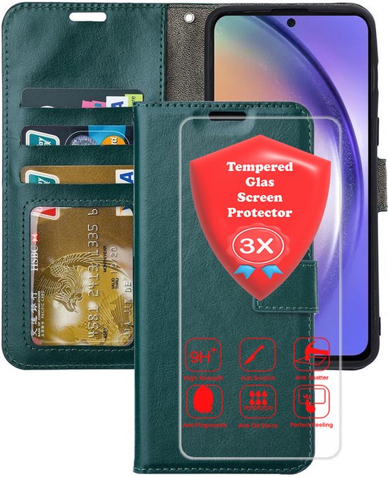 Samsung Galaxy A07 Hoesjes – Portemonnee Bookcase – Pasjeshouder – 3x Gehard Glas Screenprotector – Groen