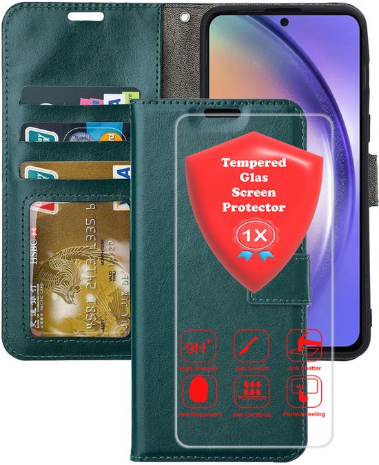 Samsung Galaxy A07 Hoesjes – Portemonnee Bookcase – Magneetsluiting – 1x Gehard Glas Screenprotector – Groen